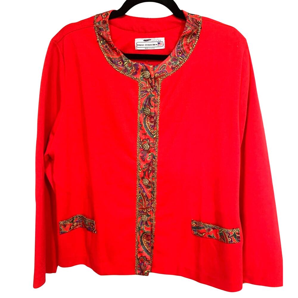 VINTAGE 80'S PABLO COLLECTION USA RED CROPPED BLAZER PAISLEY/GOLD TRIM PETITE 16